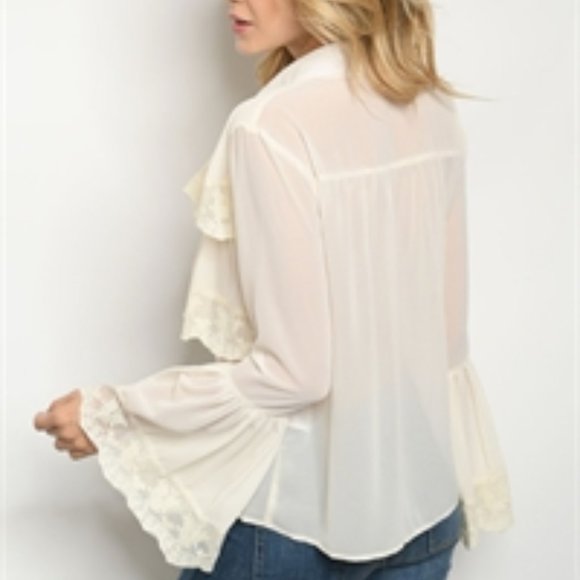 Bell sleeve cream button up ruffle blouse - Picture 2 of 2